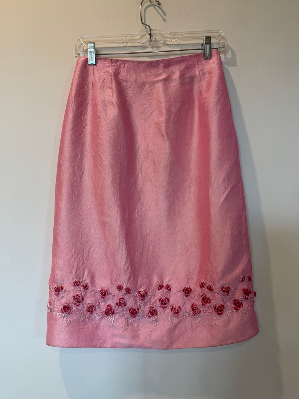 Vtg Renato Nucci Silk Taffeta Pencil Skirt Pink Rosette EU 38 US 4 S Feminine